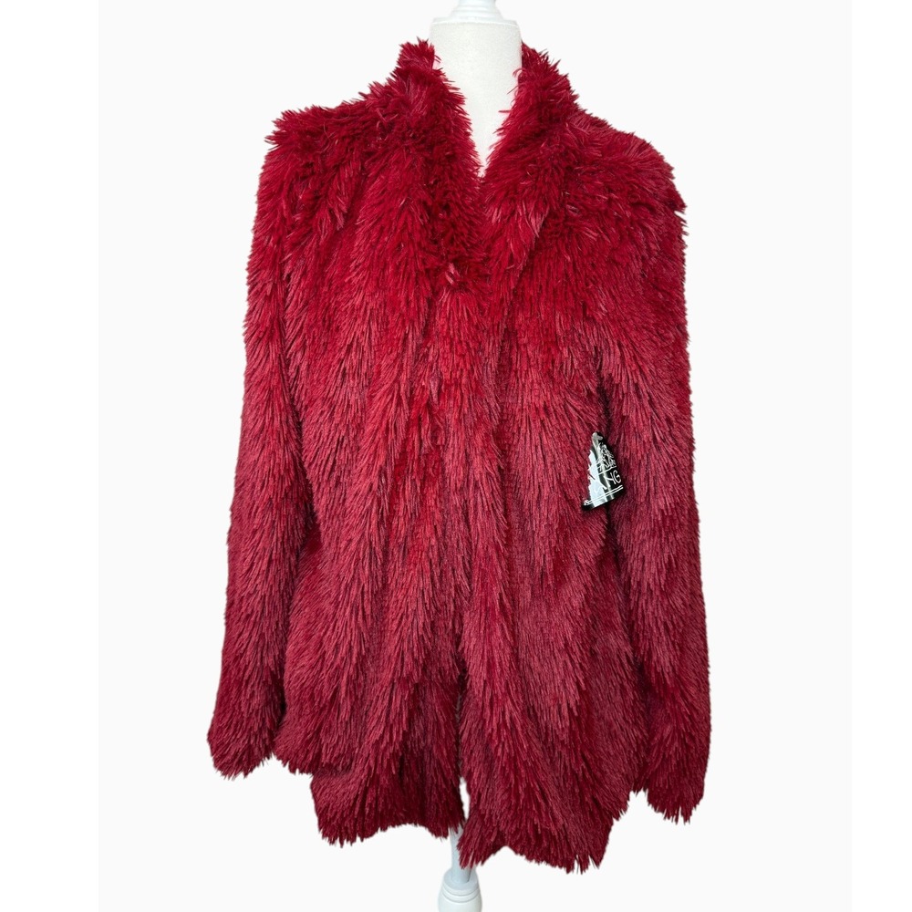 Angie Women's XL Deep Red Shaggy Faux Fur Open Front Jacket NWT